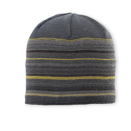 Gray beanie with yellow stripes on a white background