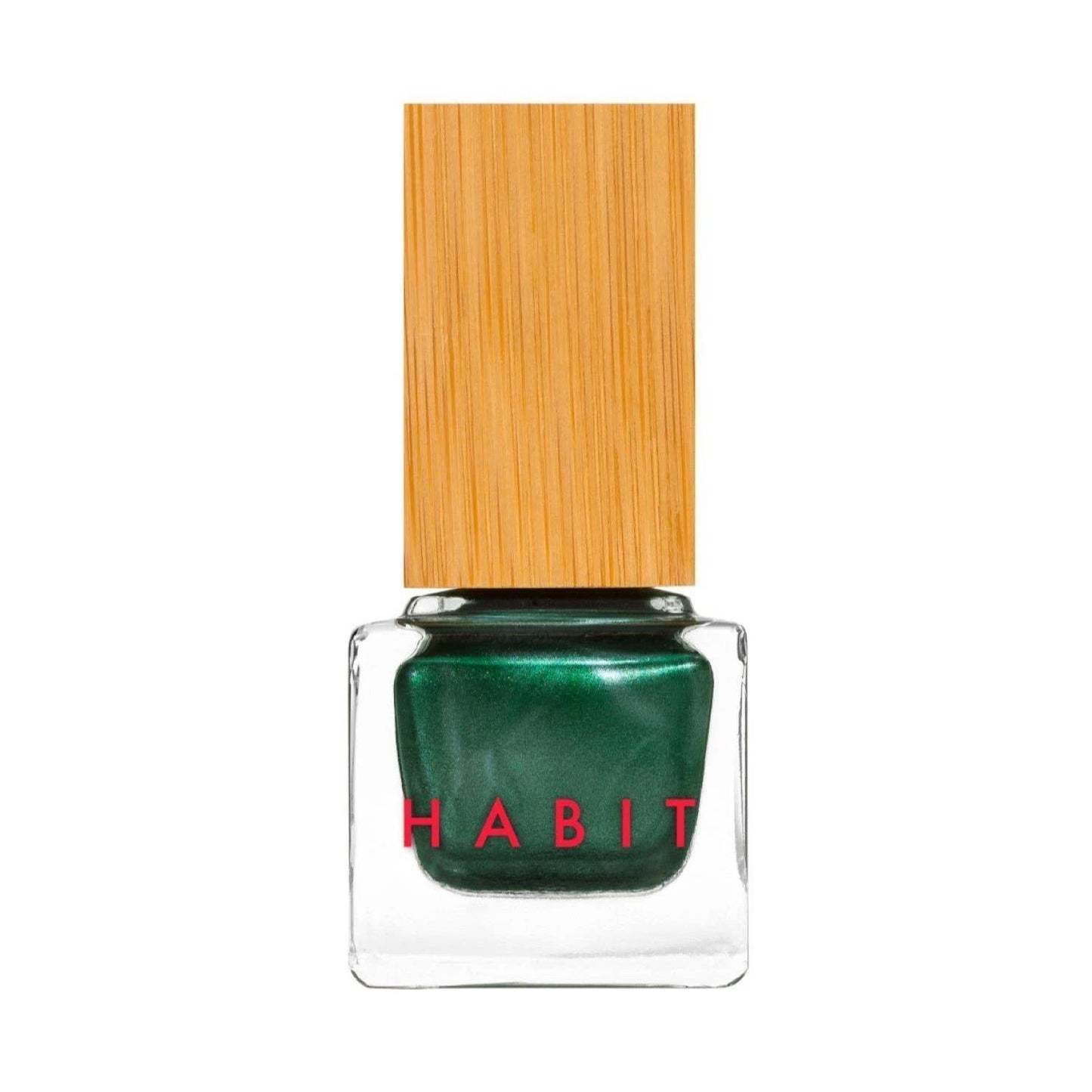Green nail polish with a wooden cap on a white background