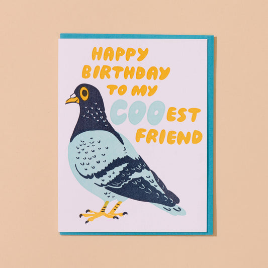 Birthday card with a pigeon illustration and text on a beige background