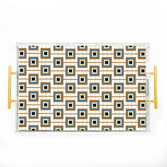 Squares Unaligned Rectangle Acrylic Tray with Gold Handle