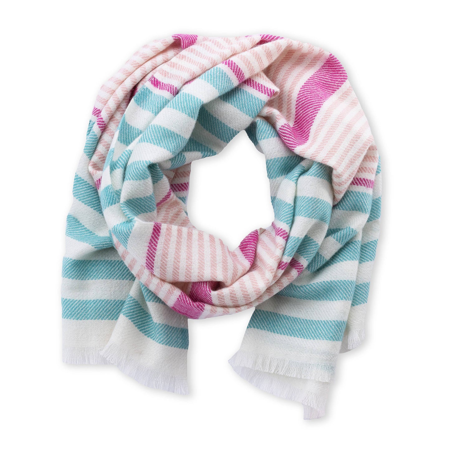 Striped scarf with pink, blue, and white pattern on a white background