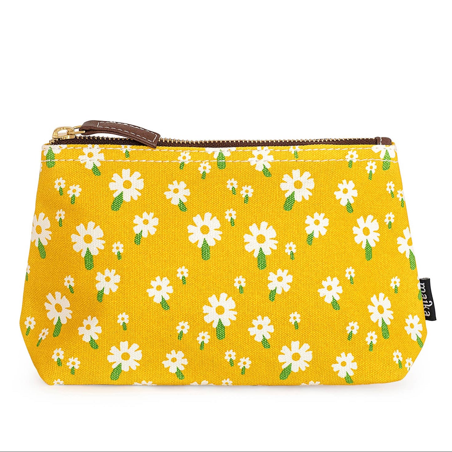 Yellow pouch with floral pattern on a white background