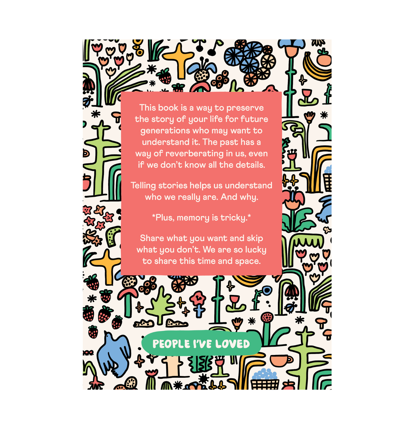 Book cover with colorful illustrations and a text box on a white background