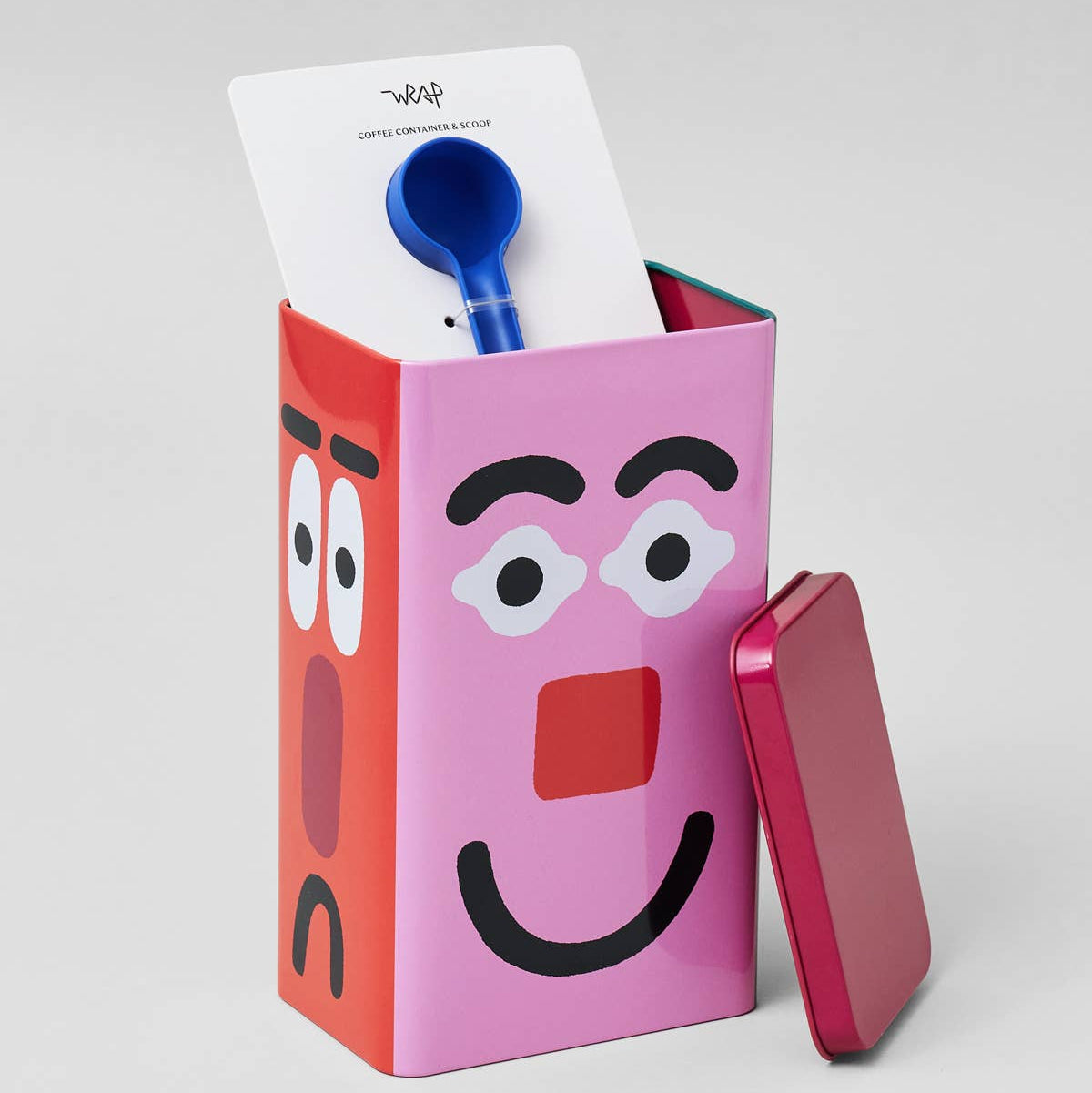 Pink container with cartoon face design on a white background