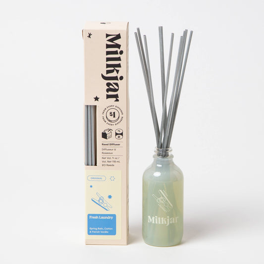 Milkjar diffuser bottle with sticks and packaging on a white background