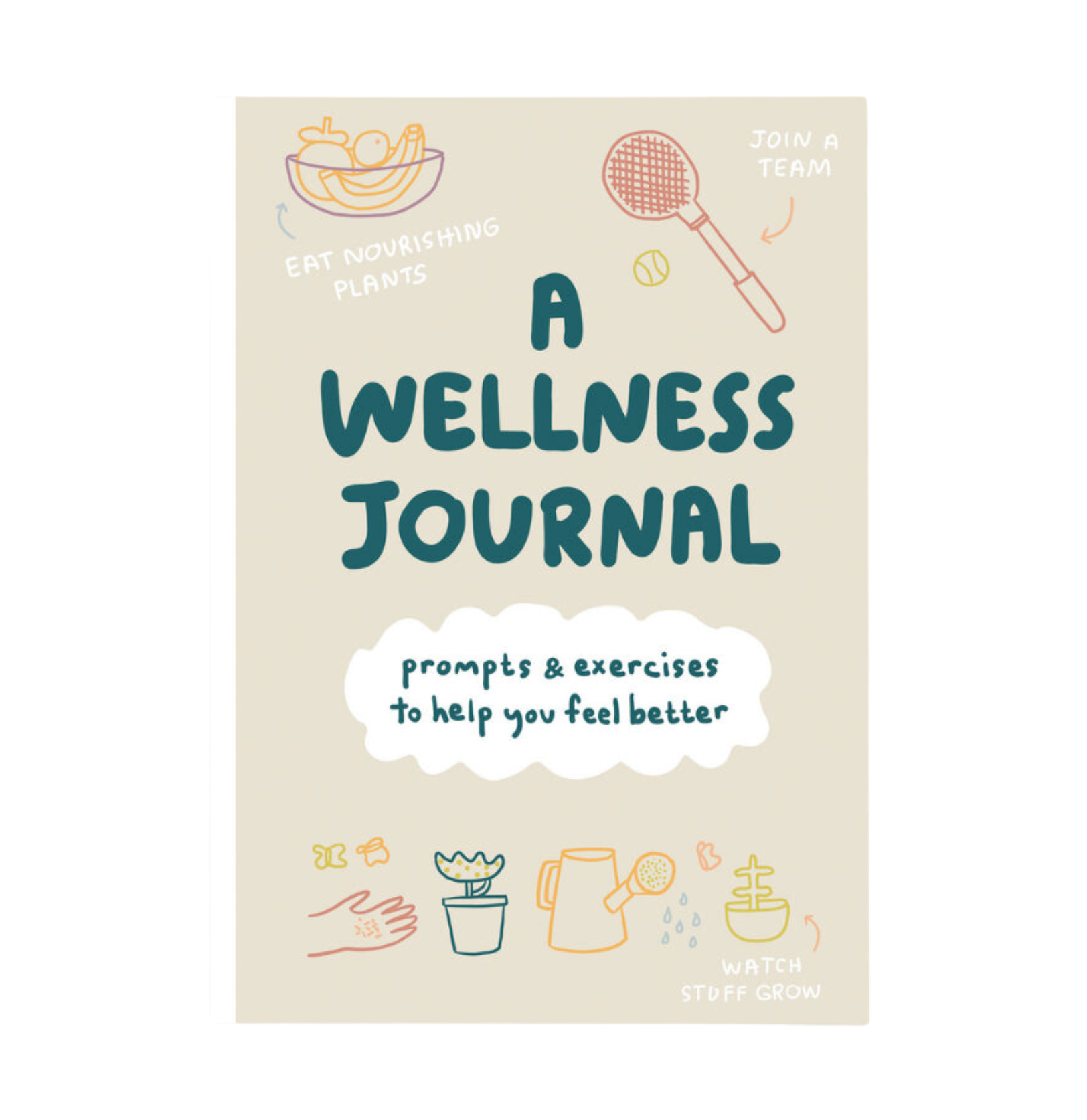 Wellness journal cover with illustrations and text on a beige background