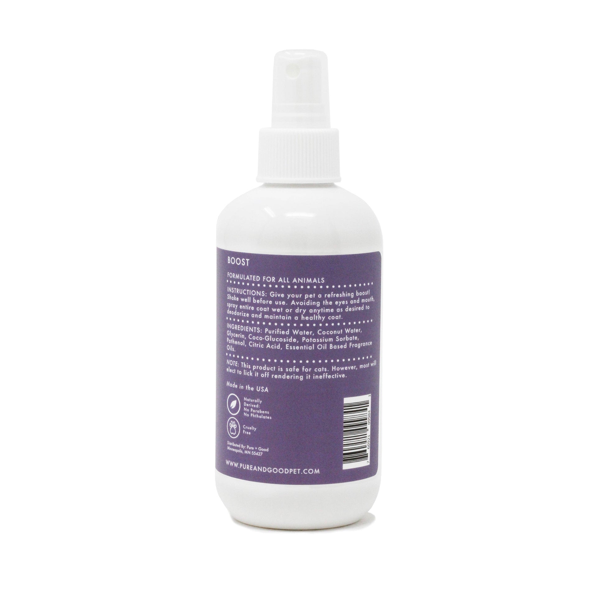 White spray bottle with a purple label on a white background