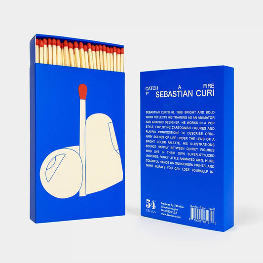 Matches in a blue box with a graphic design on a white background