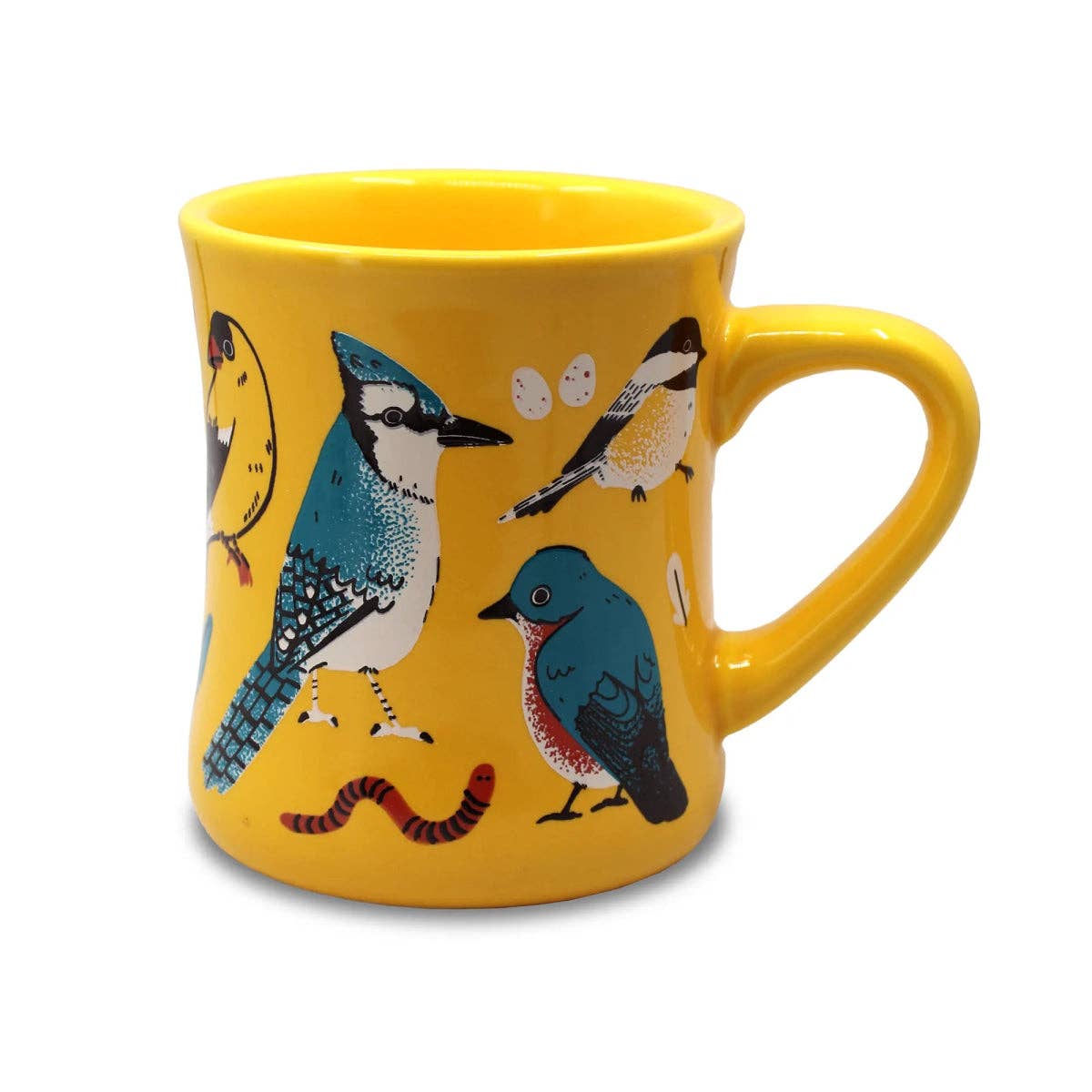 Yellow mug with bird illustrations on a white background