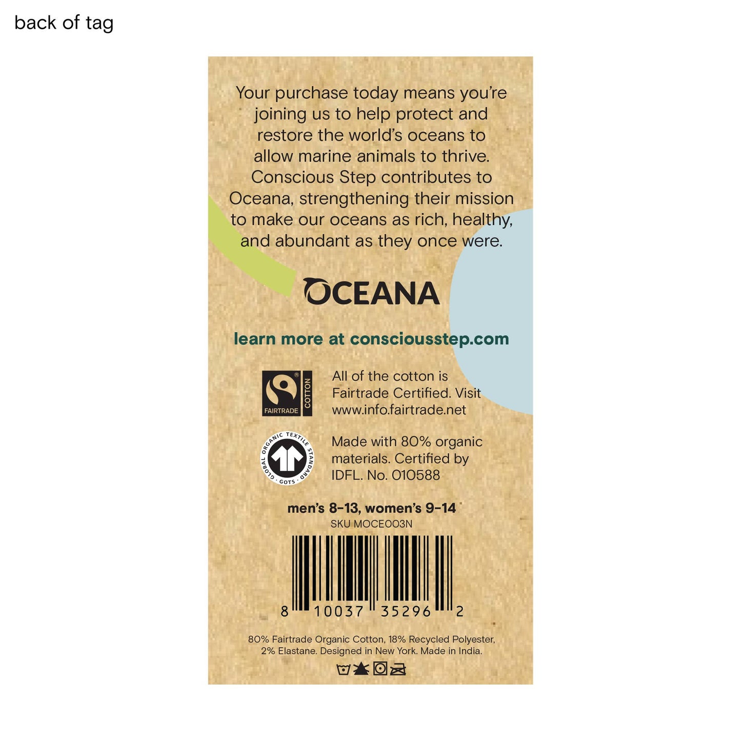 Back of a tag with Oceana branding and sustainability information on a white background