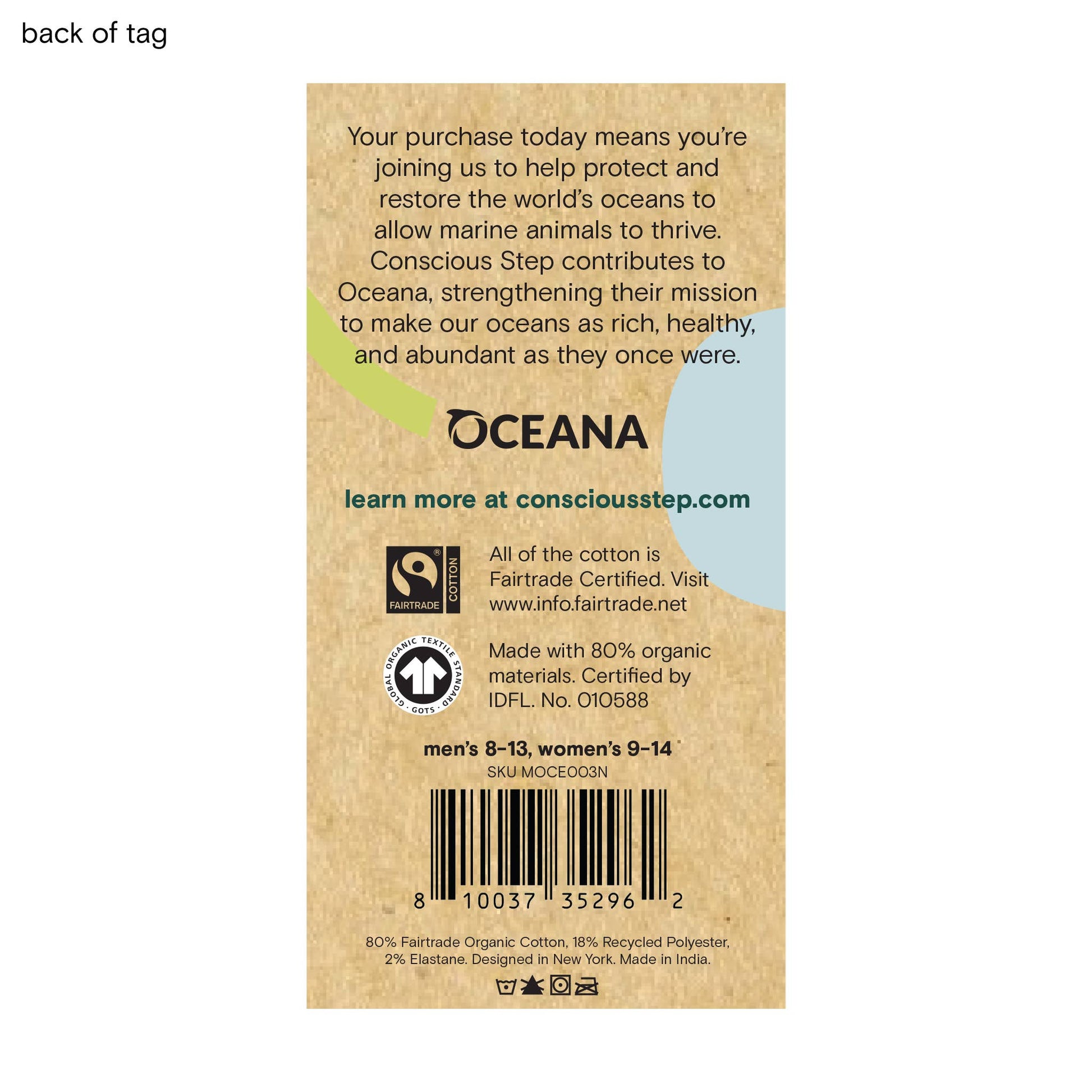 Back of a tag with Oceana branding and sustainability information on a white background