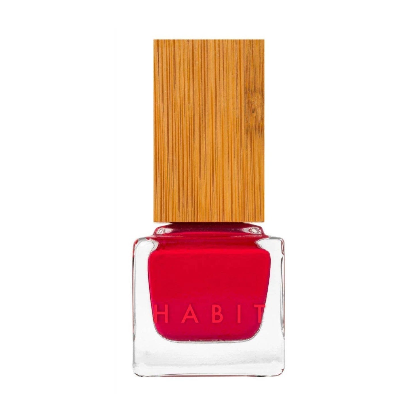 Red nail polish with a bamboo cap on a white background
