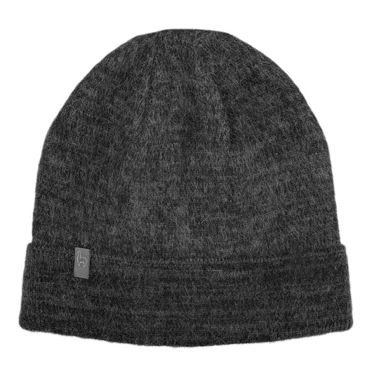 Dark gray knit beanie with a small logo tag on a white background