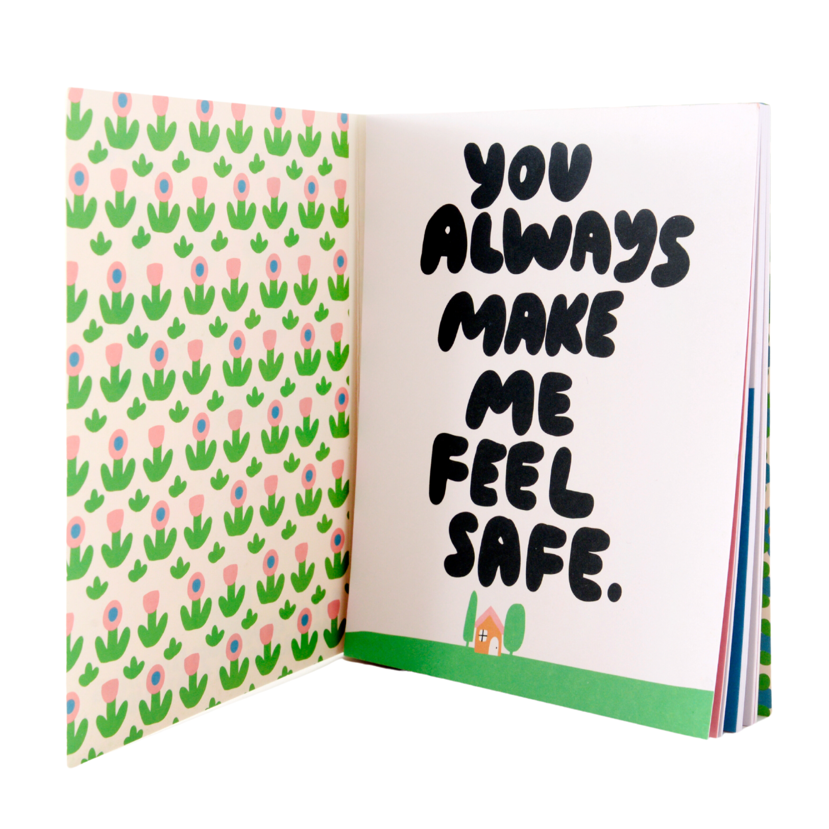 Open book with one page featuring a green cactus pattern and the other with text 'You always make me feel safe.'