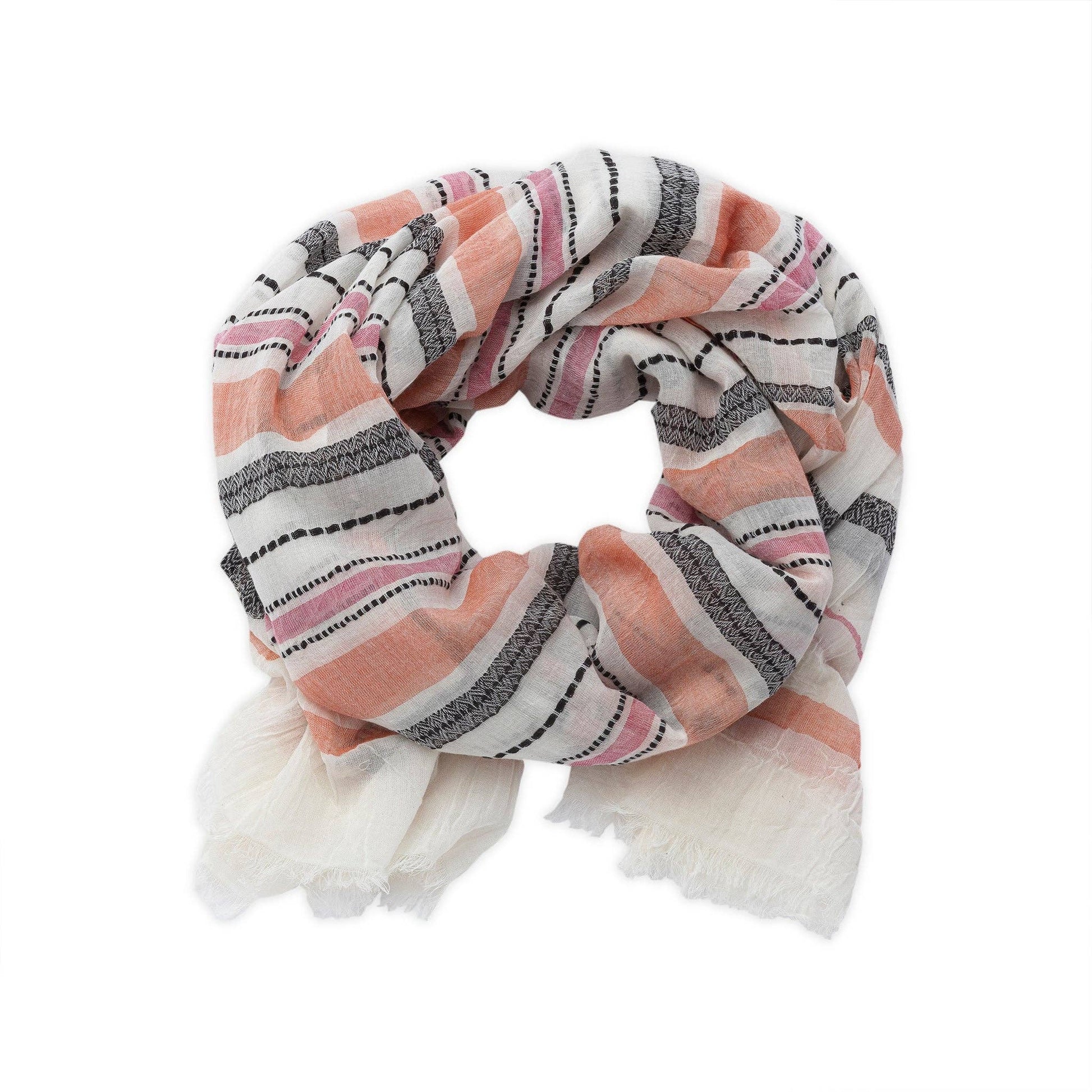 Striped scarf with pink, gray, and white pattern on a white background