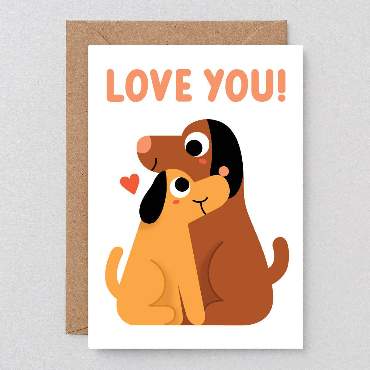Greeting card with two dogs hugging and 'LOVE YOU!' text on a white background