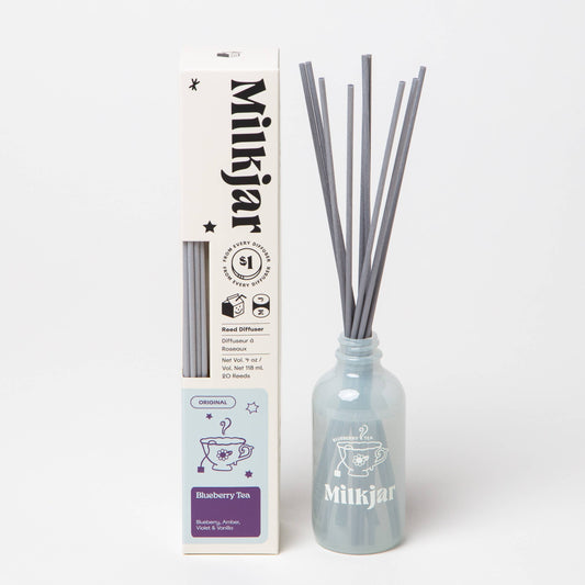Milkjar diffuser bottle with reeds and packaging on a white background