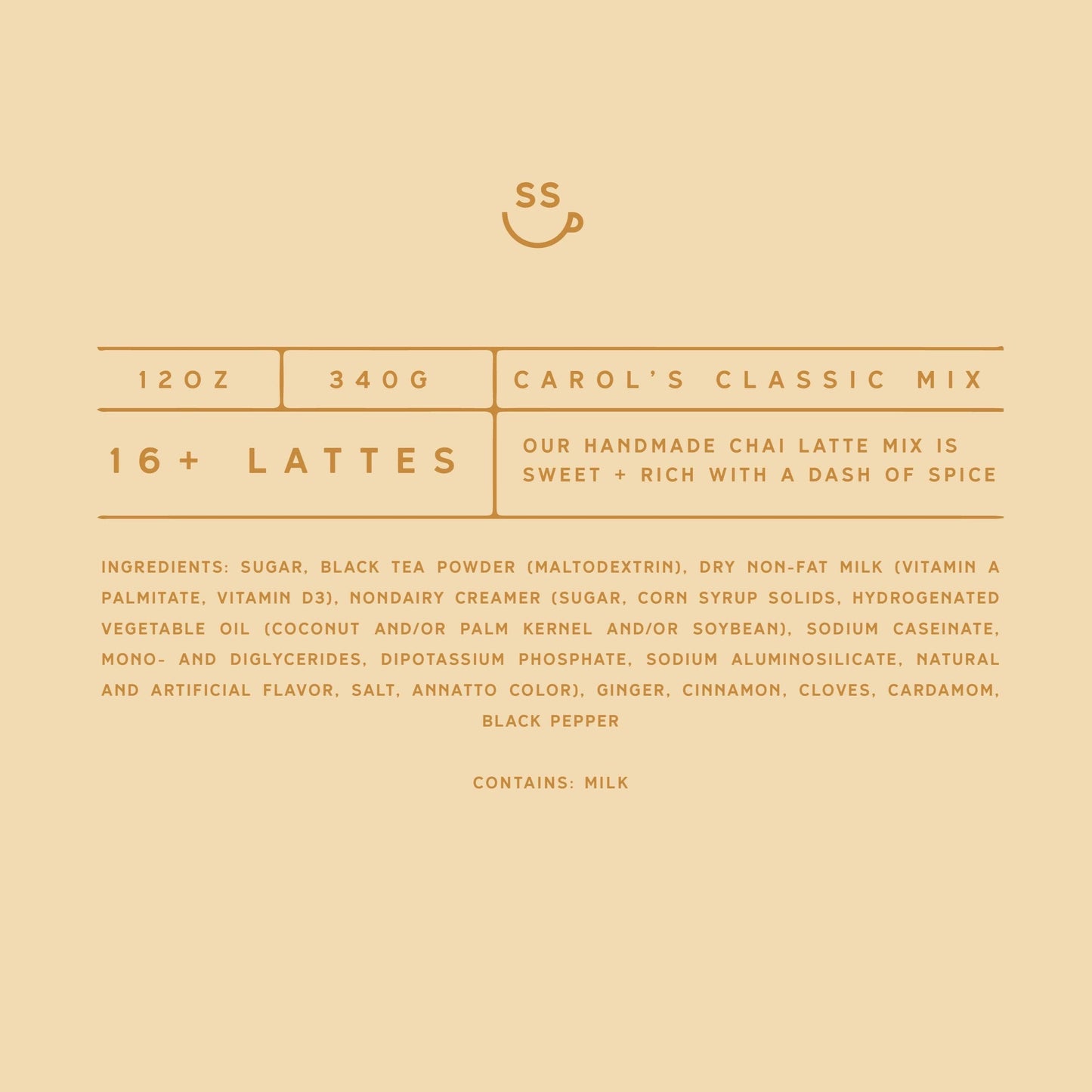Product label for Carol's Classic Mix Chai Latte Mix on a beige background