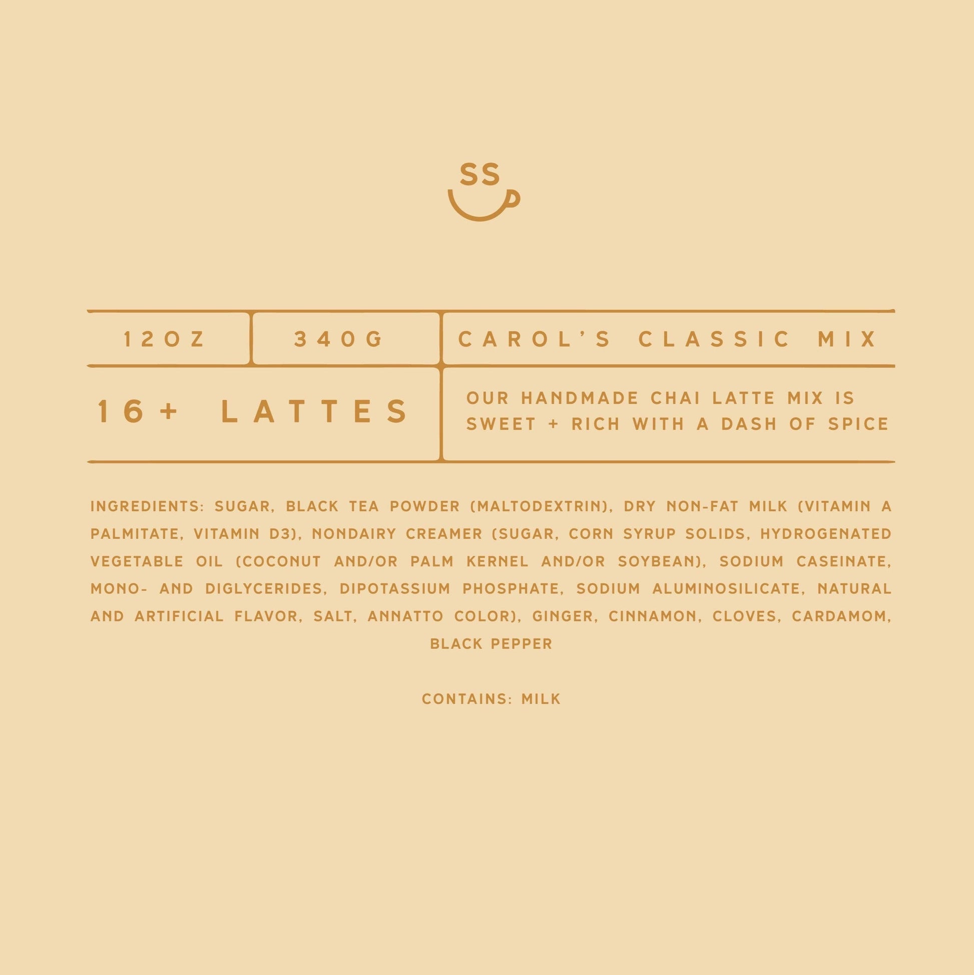 Product label for Carol's Classic Mix Chai Latte Mix on a beige background