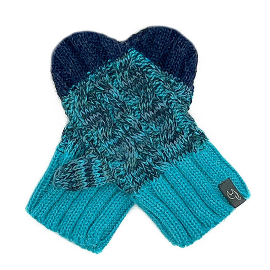 Pair of blue knitted mittens on a white background