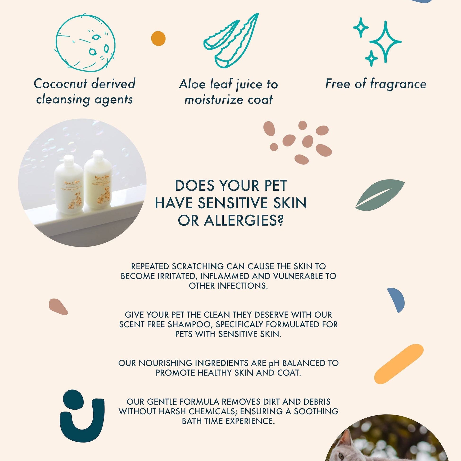 Product label with ingredients and pet care information on a white background