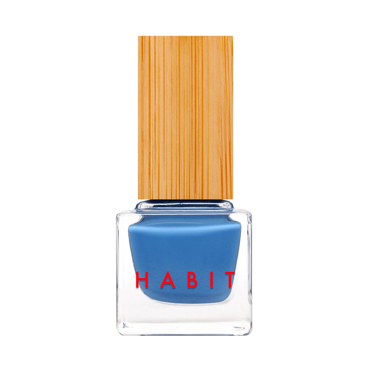 Blue nail polish bottle with a wooden cap on a white background