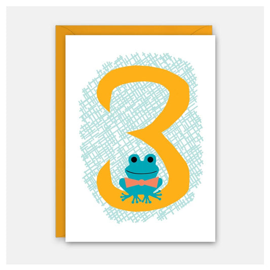 Card with number 3 and frog design on a white background