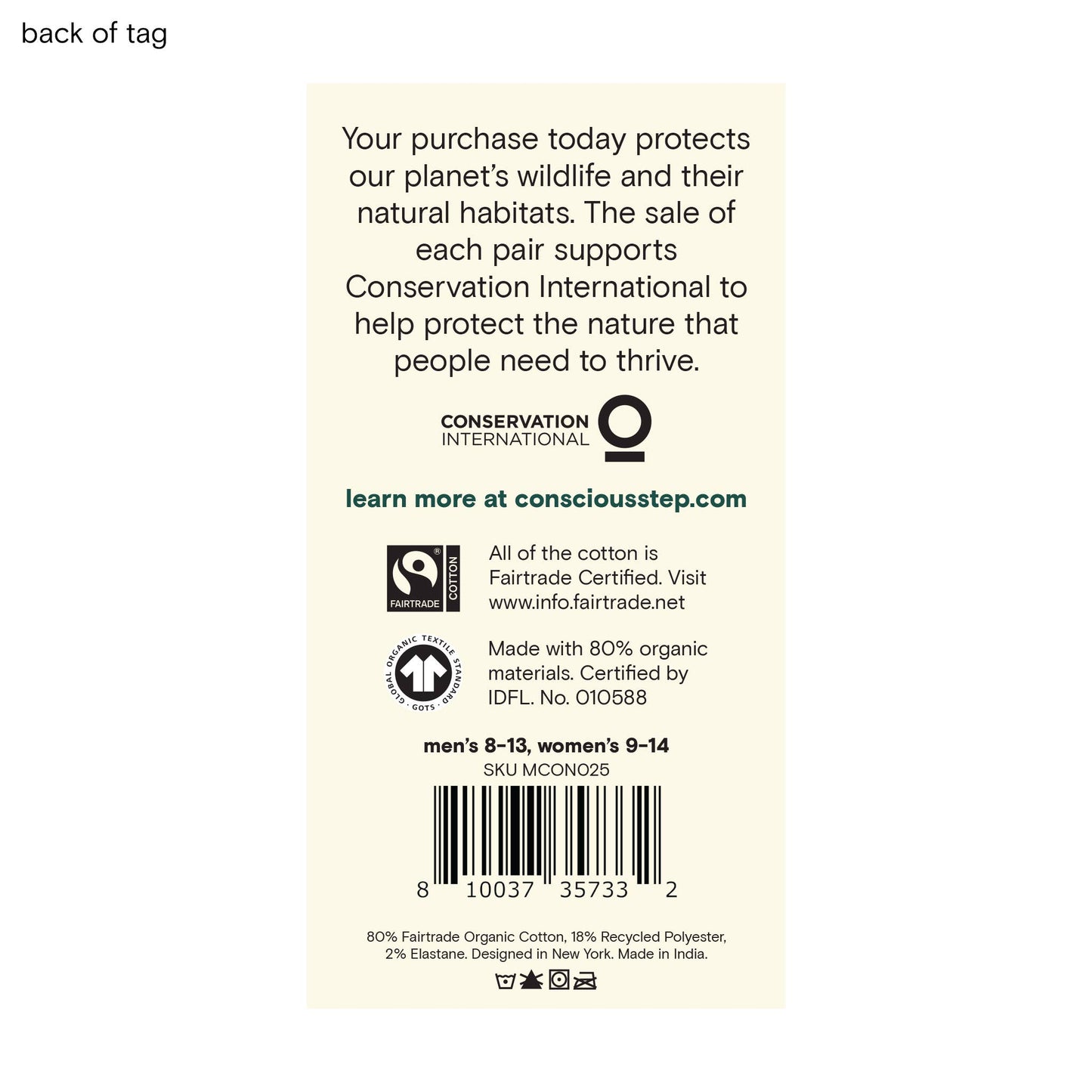 Back of a product tag with text about supporting conservation and Fairtrade certification.