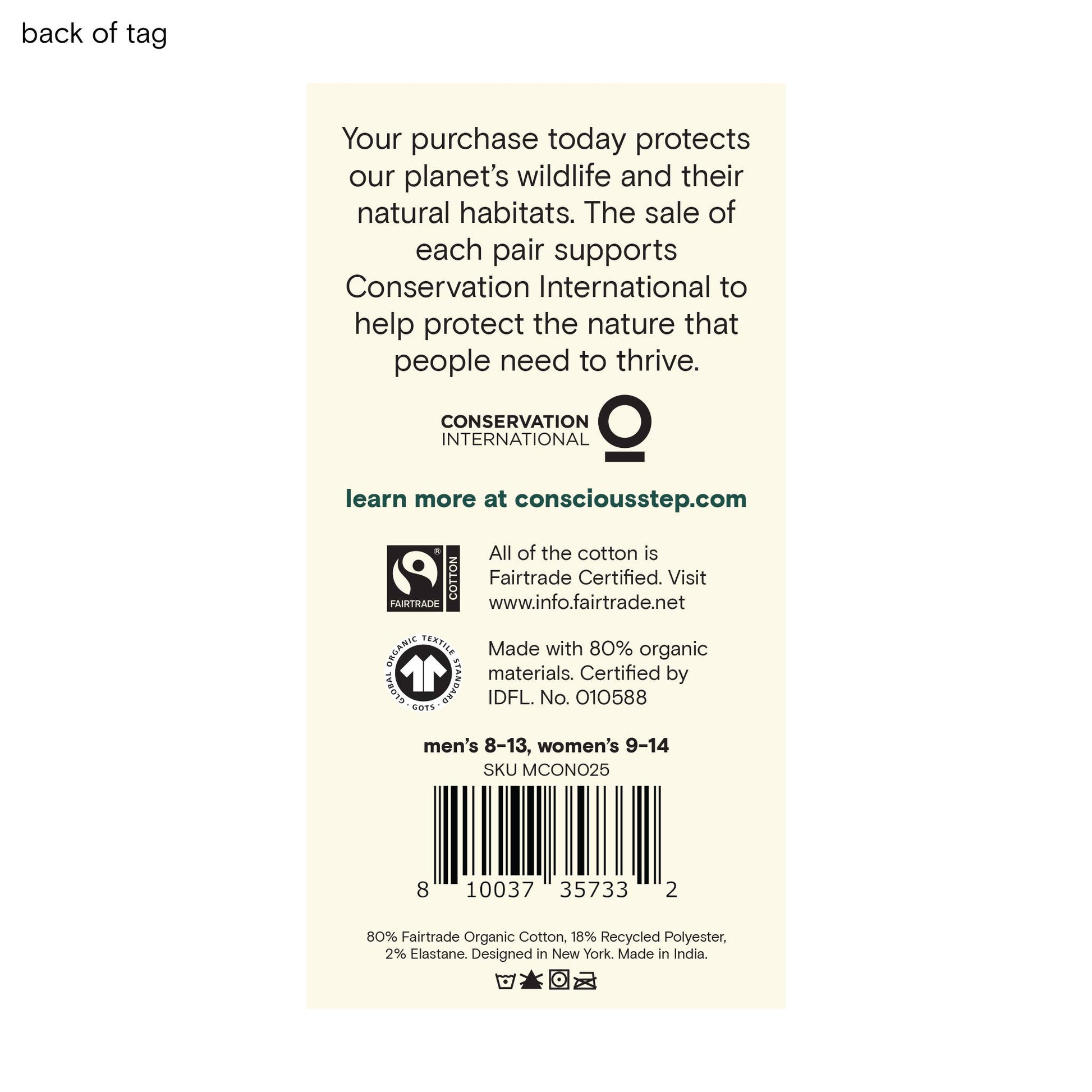 Back of a product tag with text about supporting conservation and Fairtrade certification.