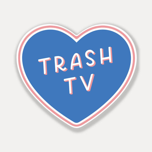Heart-shaped sticker with 'TRASH TV' text on a light gray background