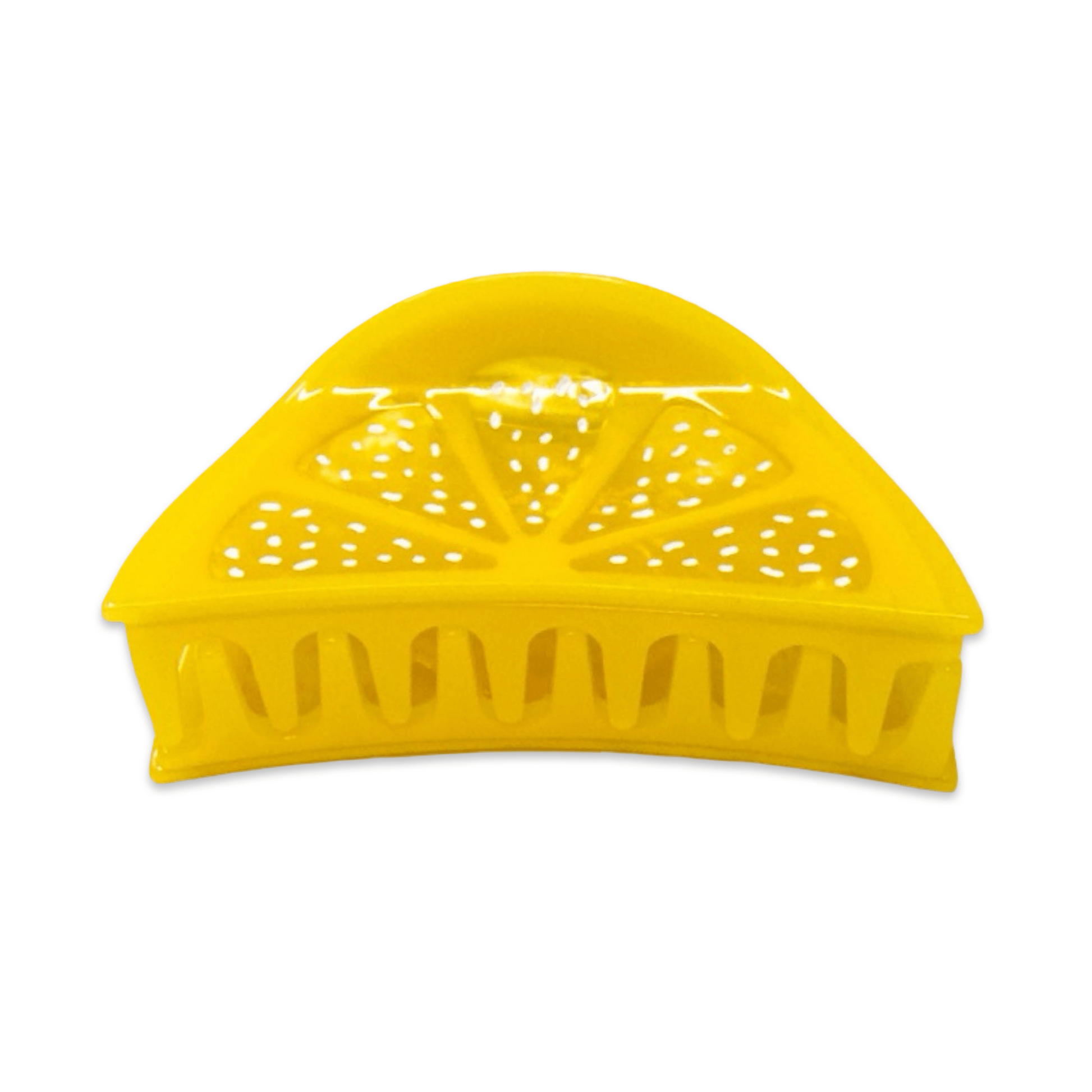 Yellow plastic lemon squeezer on a white background