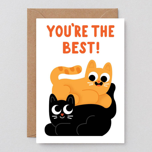 Greeting card with two cats and 'You're the Best!' text on a gray background