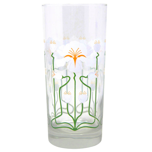 Clear glass with floral design on a white background