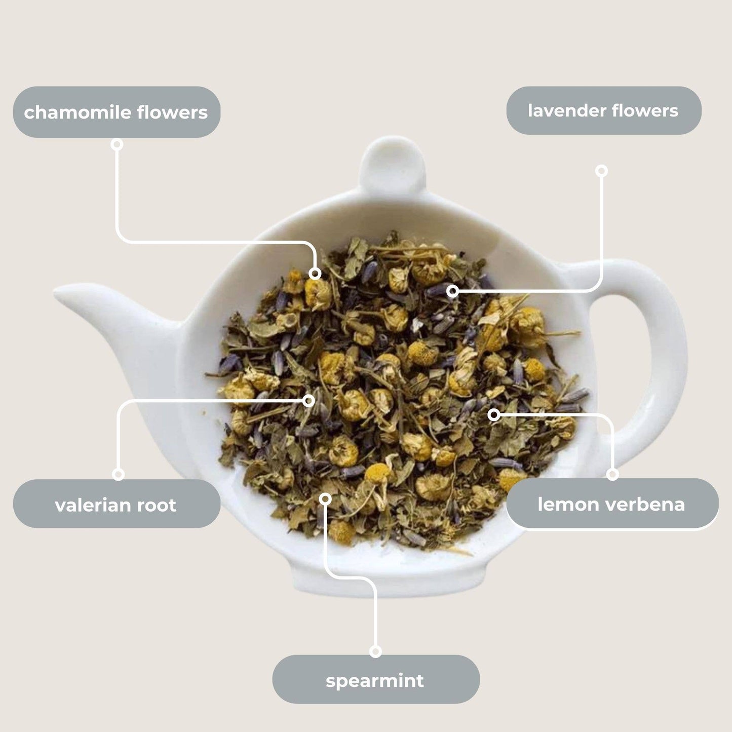 Tea leaves including chamomile flowers, lavender flowers, valerian root, lemon verbena, and spearmint in a teapot.