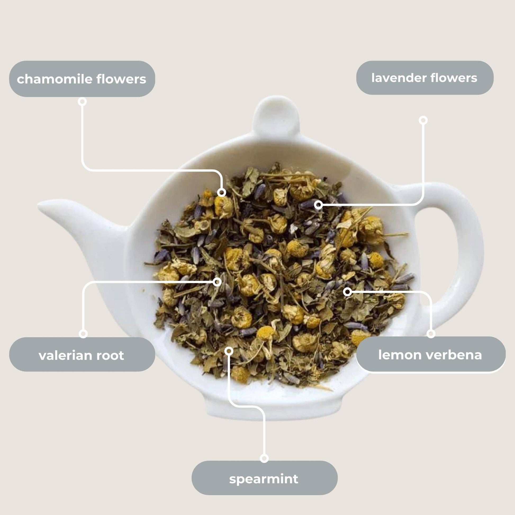 Tea leaves including chamomile flowers, lavender flowers, valerian root, lemon verbena, and spearmint in a teapot.