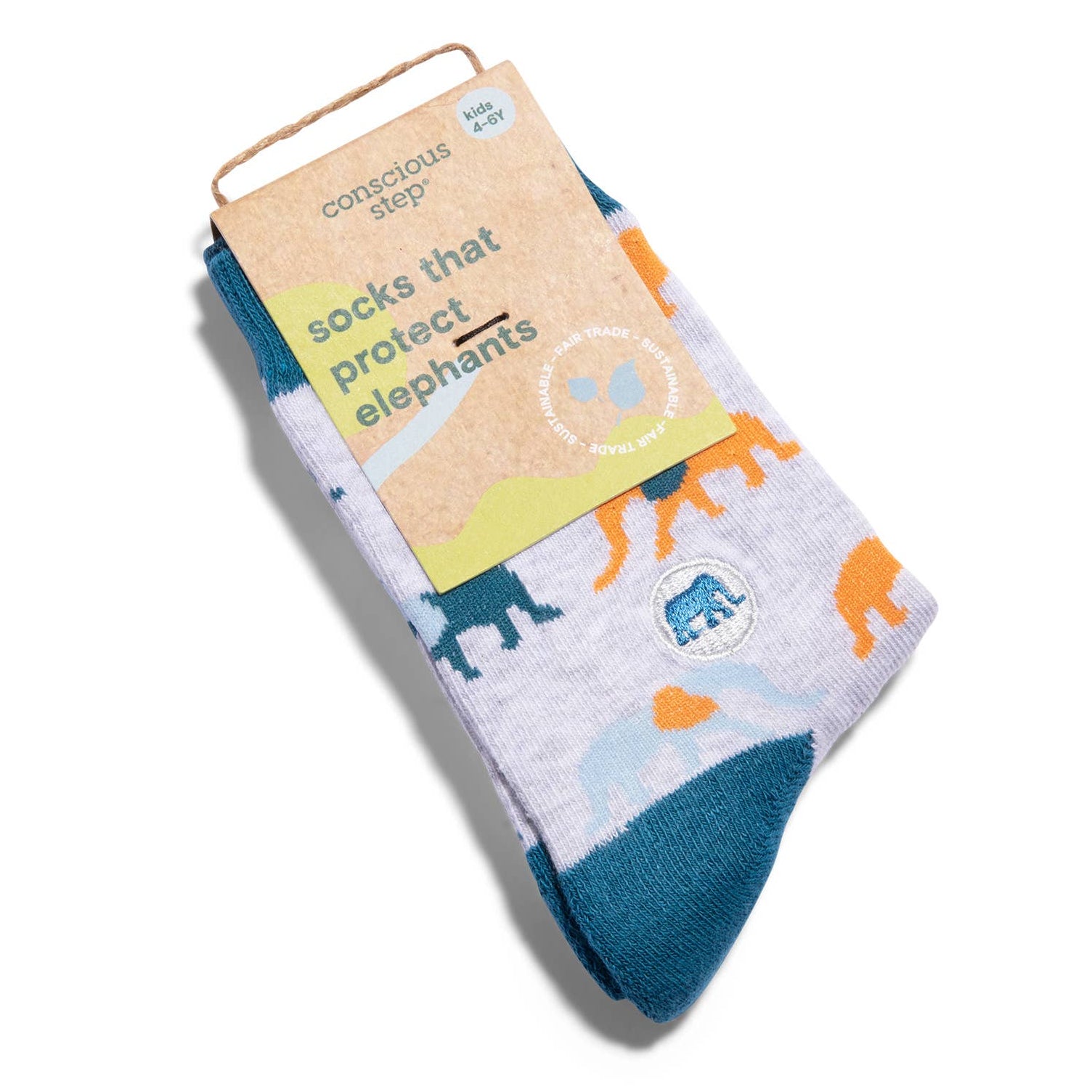 Pack of socks with elephant design and 'conscious step' branding on a white background