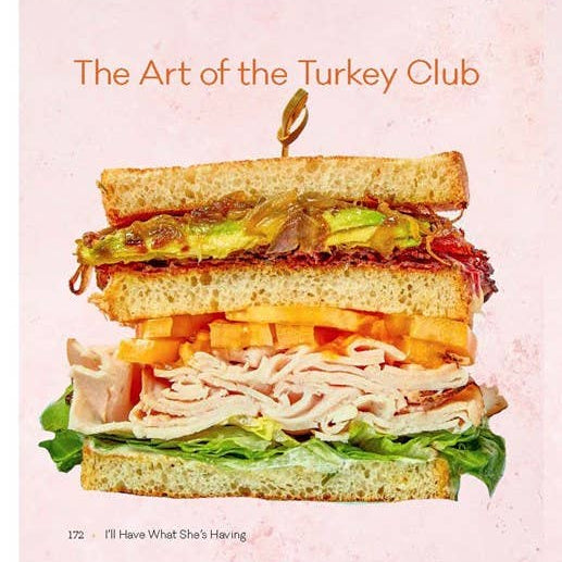 Illustration of a turkey club sandwich on a pink background with text.