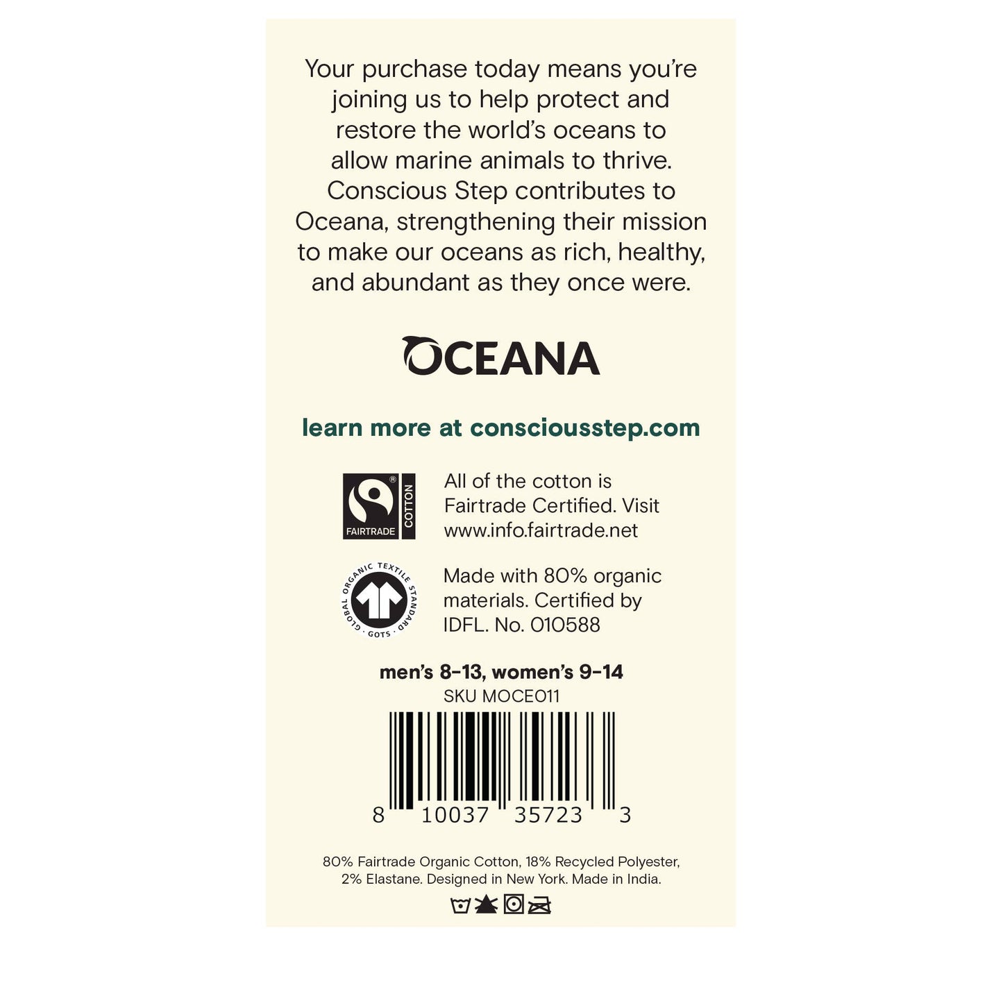 Back of a tag with Oceana branding and sustainability information on a white background