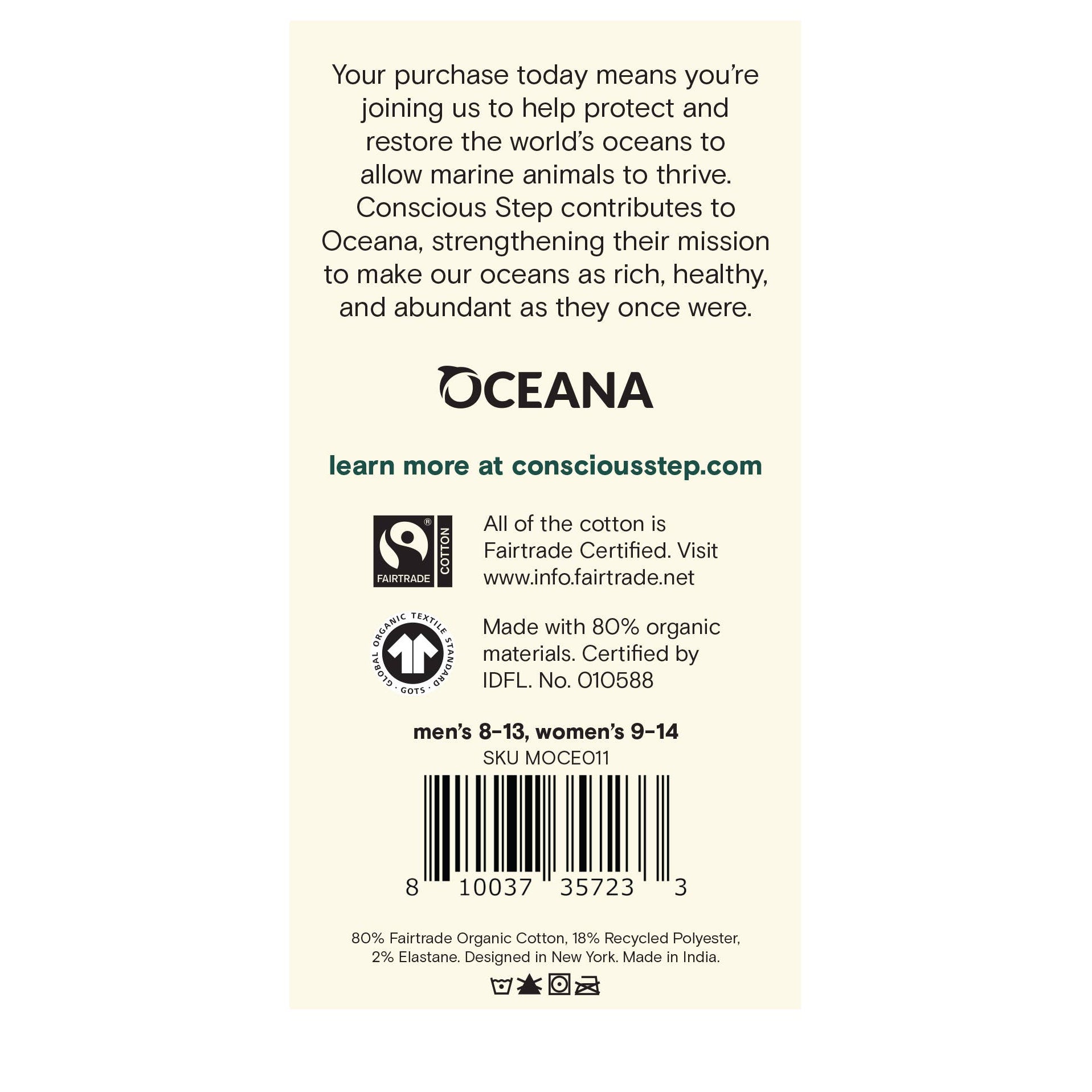 Back of a tag with Oceana branding and sustainability information on a white background