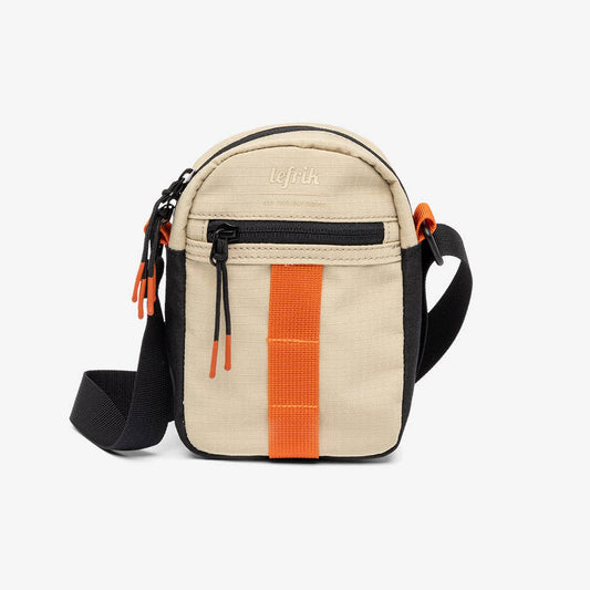 Beige crossbody bag with orange stripe and black strap on a white background