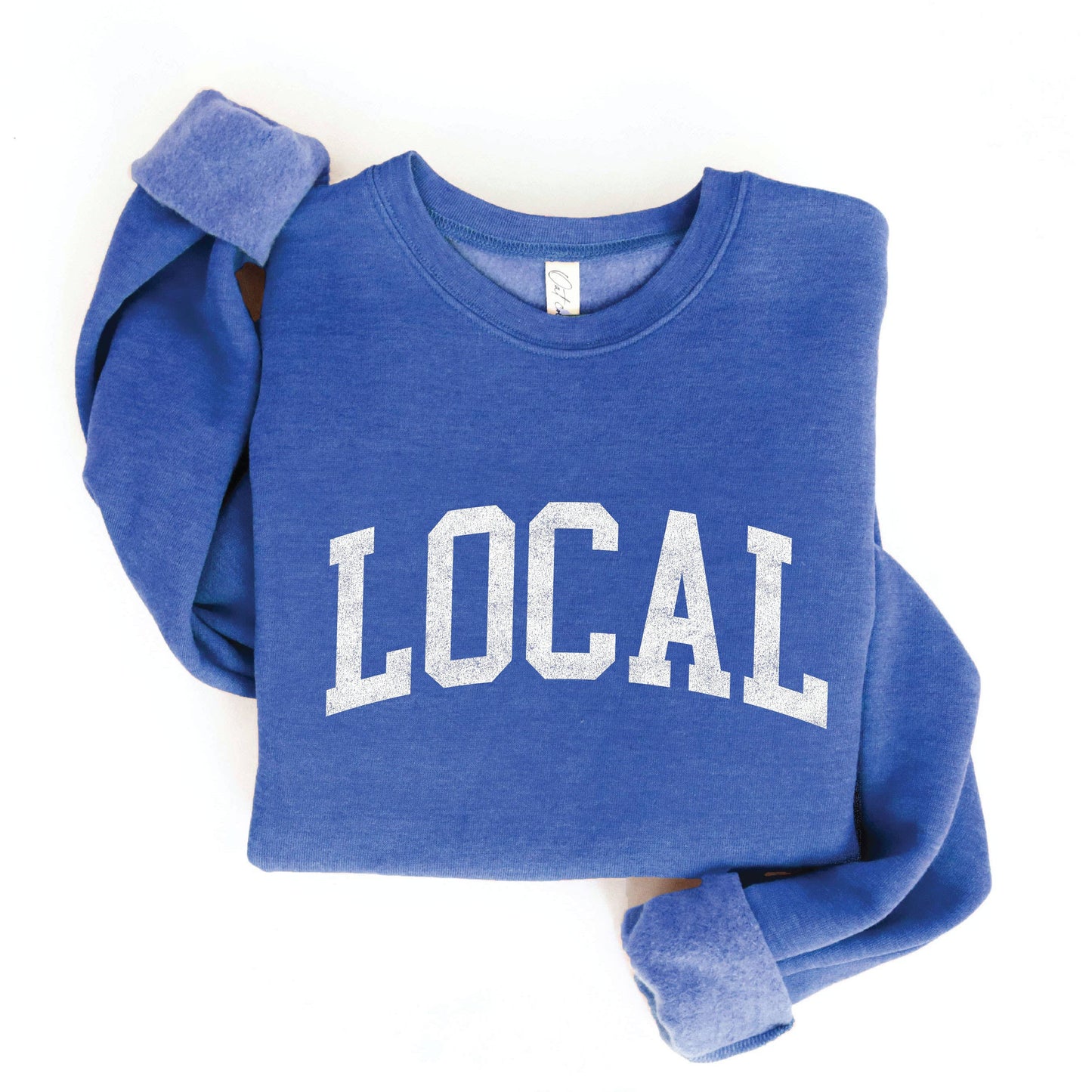 Blue sweatshirt with 'LOCAL' text on a white background