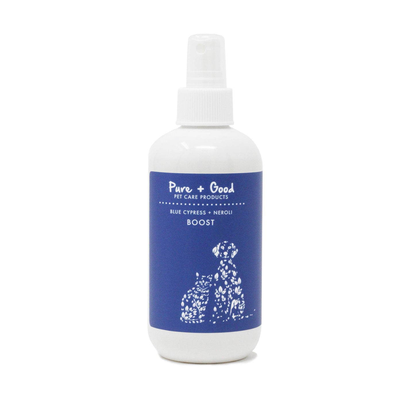 White spray bottle with blue label featuring a dog illustration on a white background