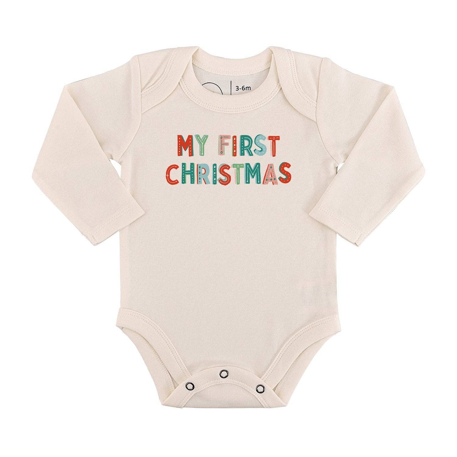 Baby onesie with 'My First Christmas' text on a white background