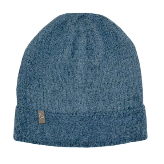 Blue knit beanie with a brand logo on a white background