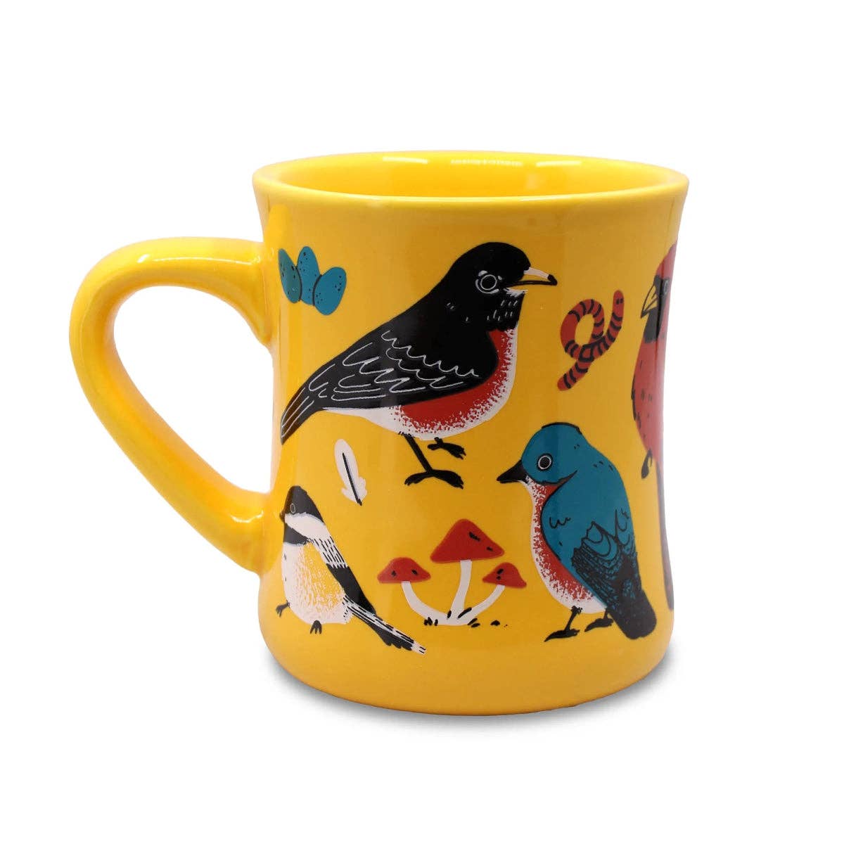 Yellow mug with bird illustrations on a white background