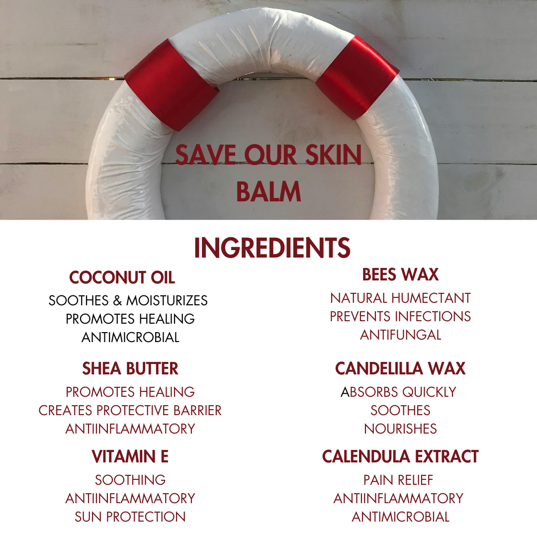 Life preserver with 'Save Our Skin Balm' text and list of ingredients on a wooden background