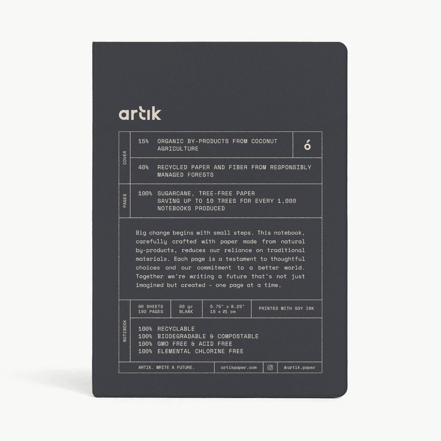 Dark gray notebook with text on a white background