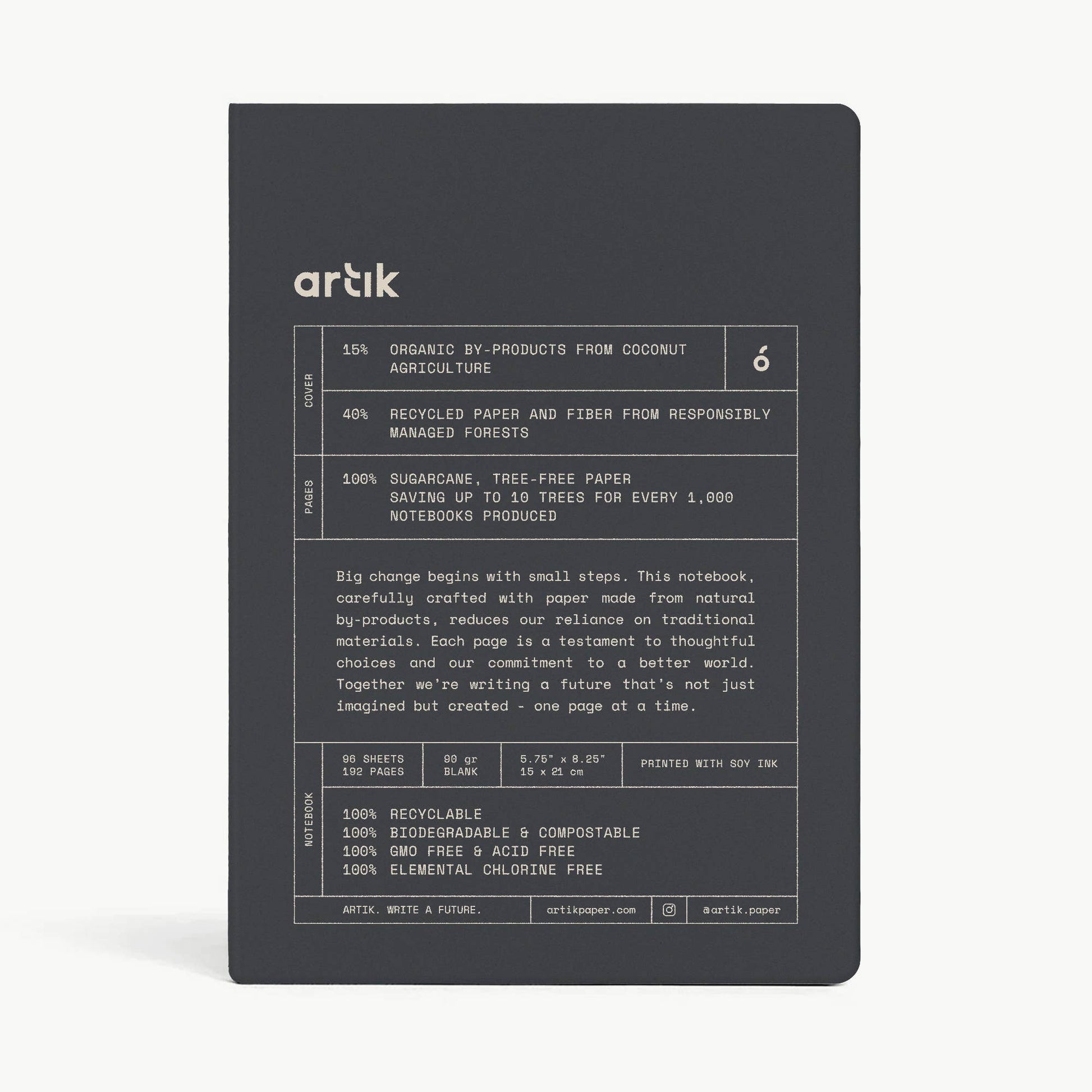 Dark gray notebook with text on a white background