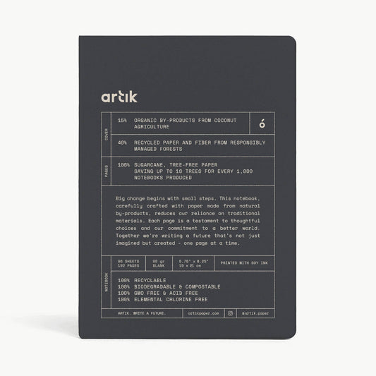 Dark gray notebook with text on a white background