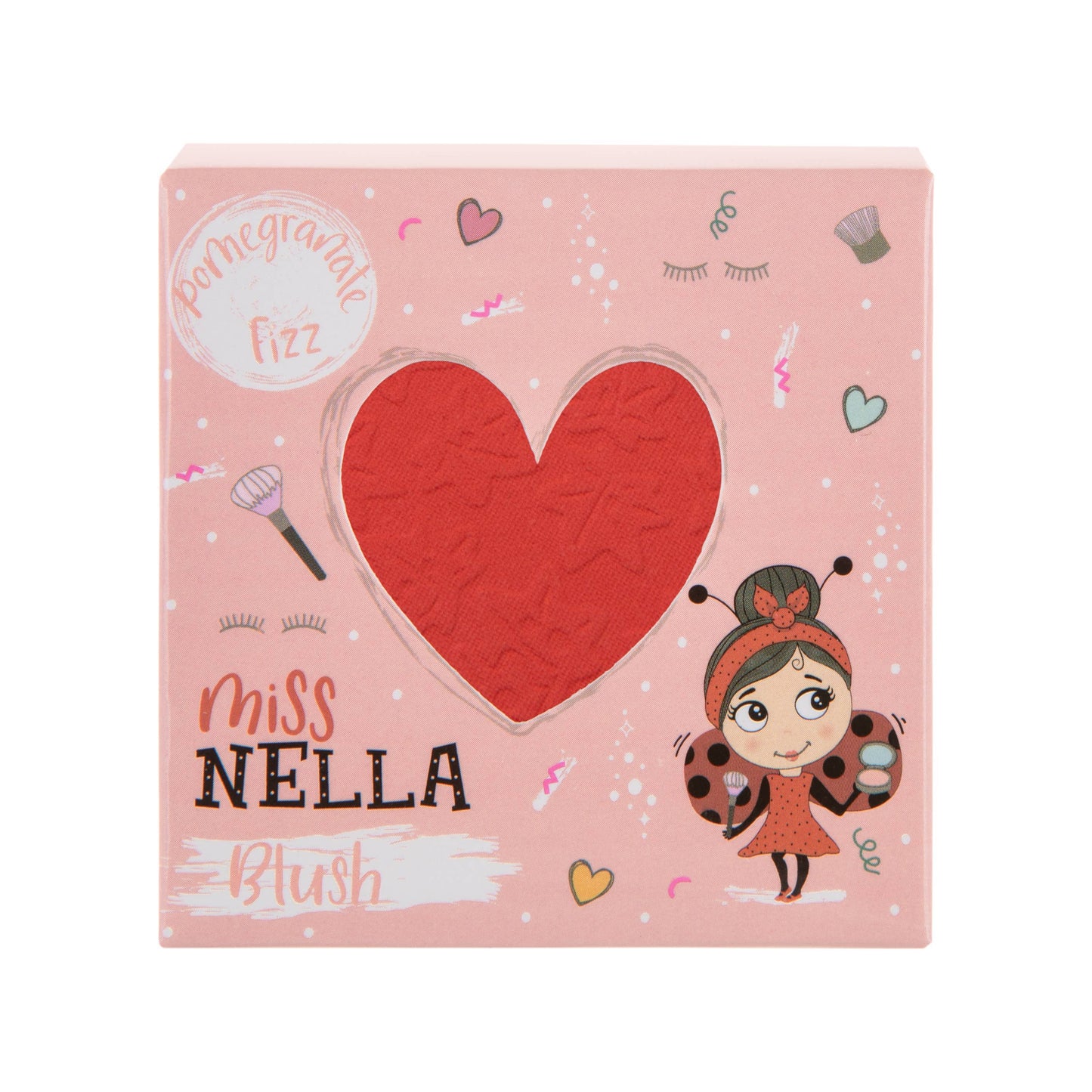 Pink blush packaging with a red heart and cartoon ladybug character on a white background